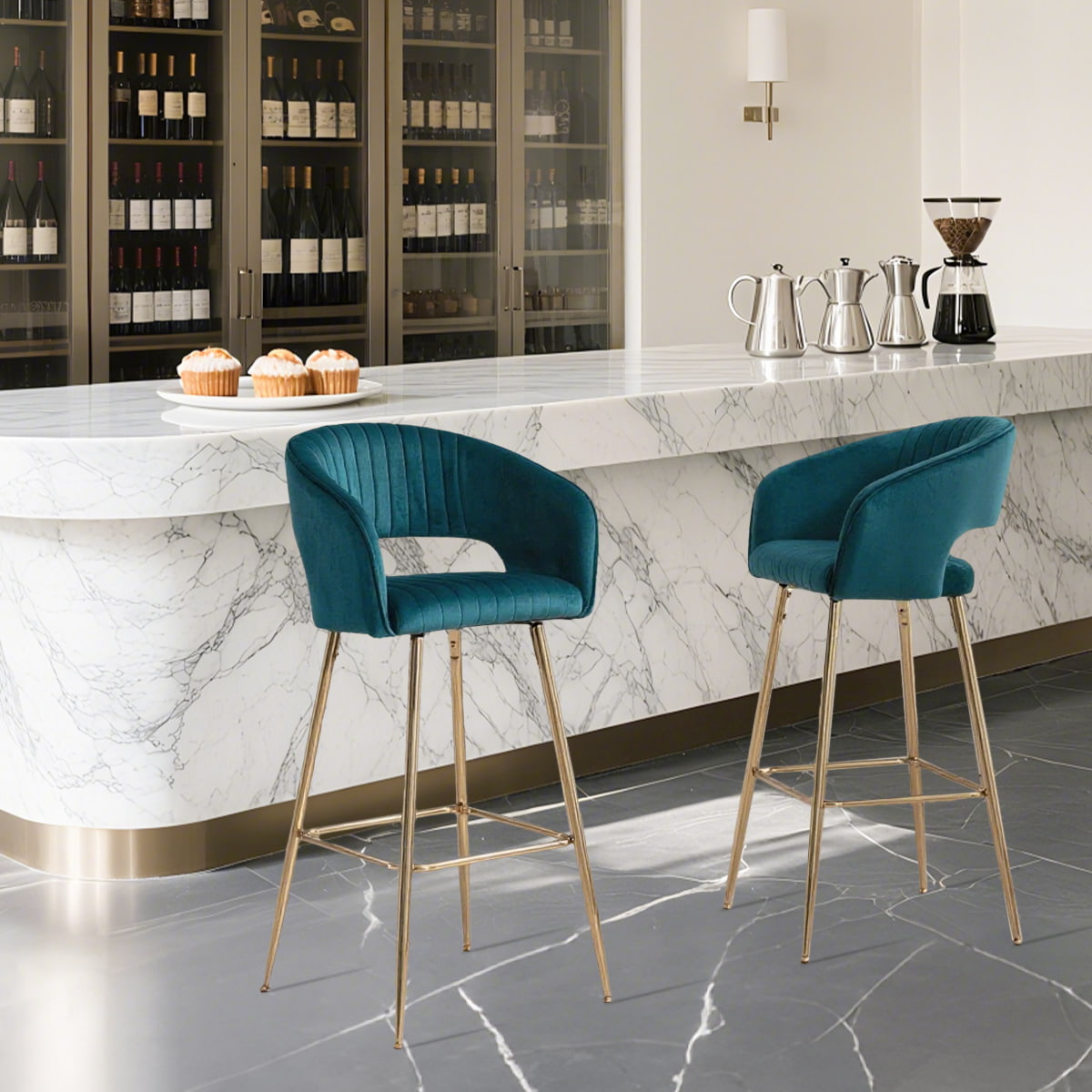 Kotak bar beludru Teal modern dengan kaki emas dan kaki, kursi berlapis kain berlapis berlapis
