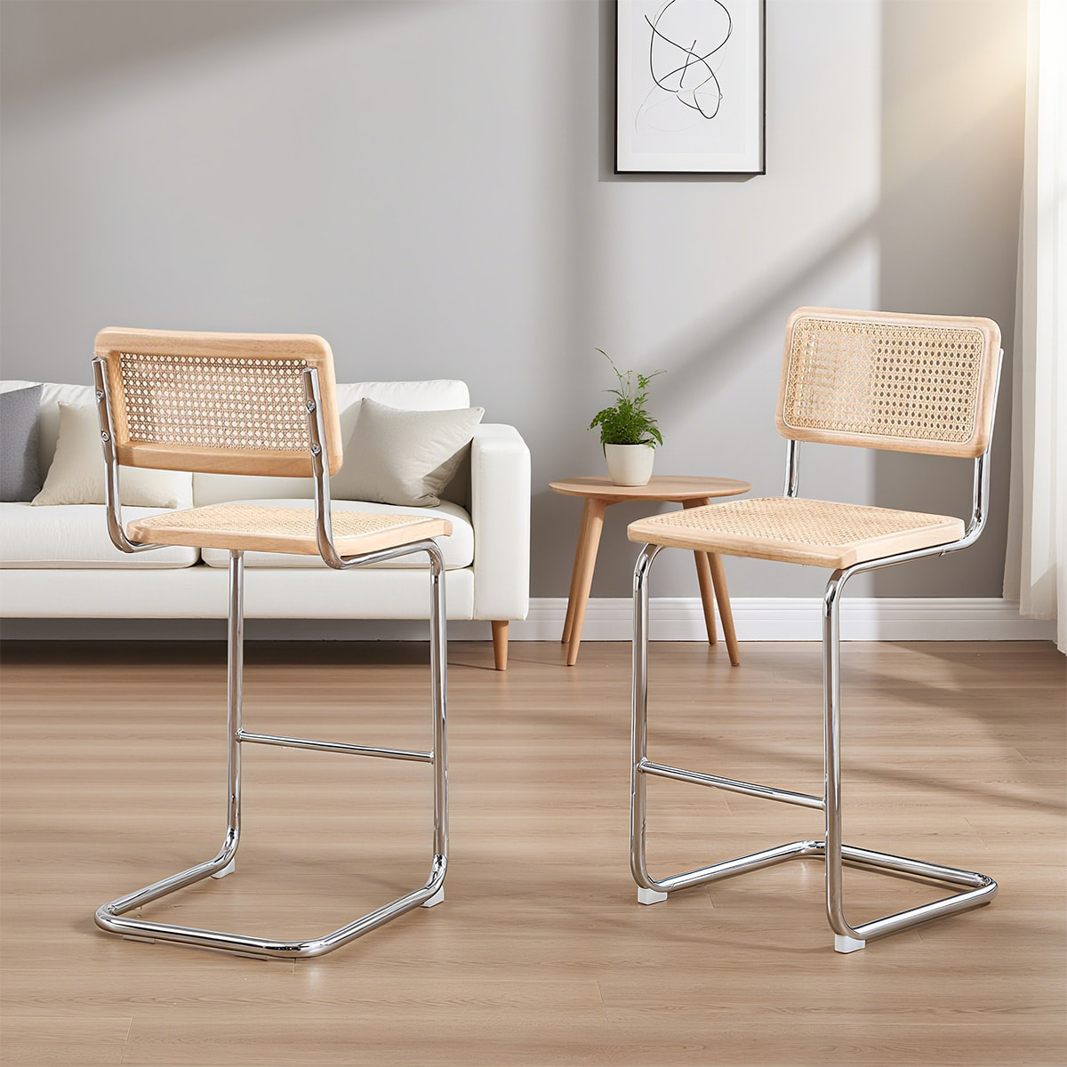Mid-Century Modern Rattan Cantilever Counter Stool-Natural Cane Back & Seat dengan Bingkai Logam Chrome