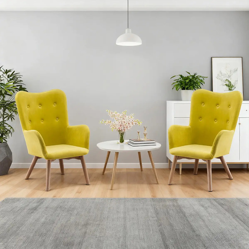 Modern Yellow Velvet Accent Armchair — Wingback Tufted Leisure Chair with Wooden Legs & Armrests for Living Room, Bedroom, or Office
