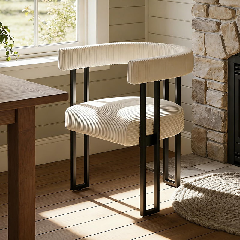 Kursi Makan Boucle, Kursi Ruang Makan Berlapis Korduroi Putih dengan Kaki Logam, Kursi Aksen Modern Abad Pertengahan