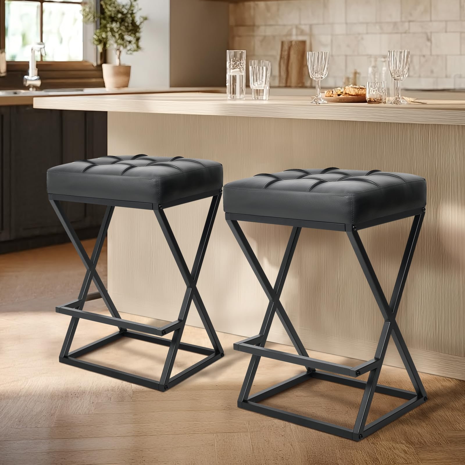 Kursi Bar Backless Counter Height dengan Kursi Kulit Imitasi Berlapis